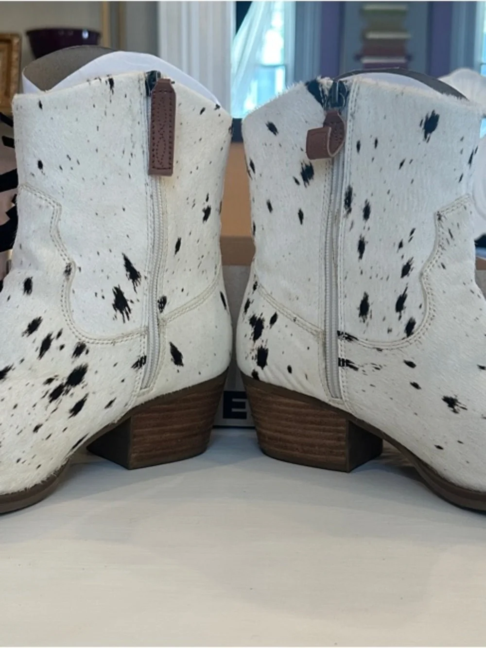 Dingo White and Black Spotted Cowhide Fringe Ankle Boots